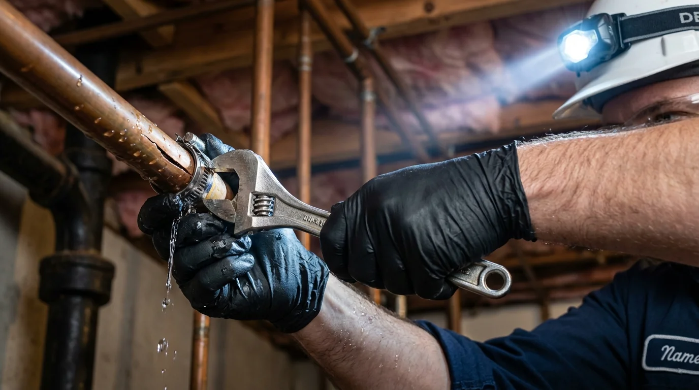 Emergency pipe clamp repair being performed by a Johns Plumbing LLC plumber in Fort Davis