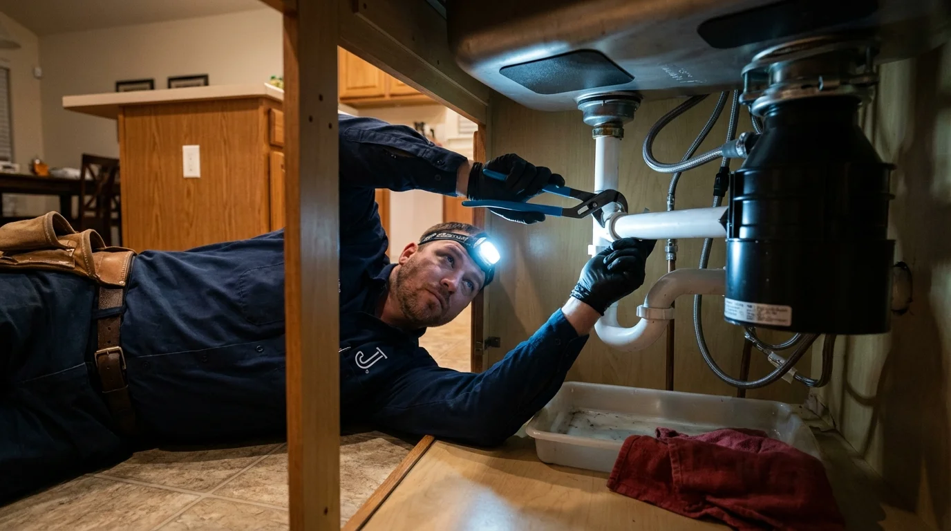 P-trap and supply line connections under a kitchen sink showing a common leak point in Fort Davis, TX